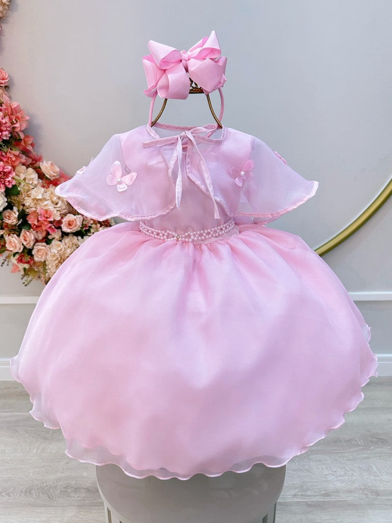 Vestido infantil con bufanda rosa y apliques de mariposas