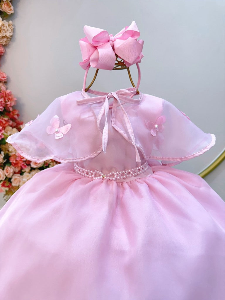 Vestido infantil con bufanda rosa y apliques de mariposas