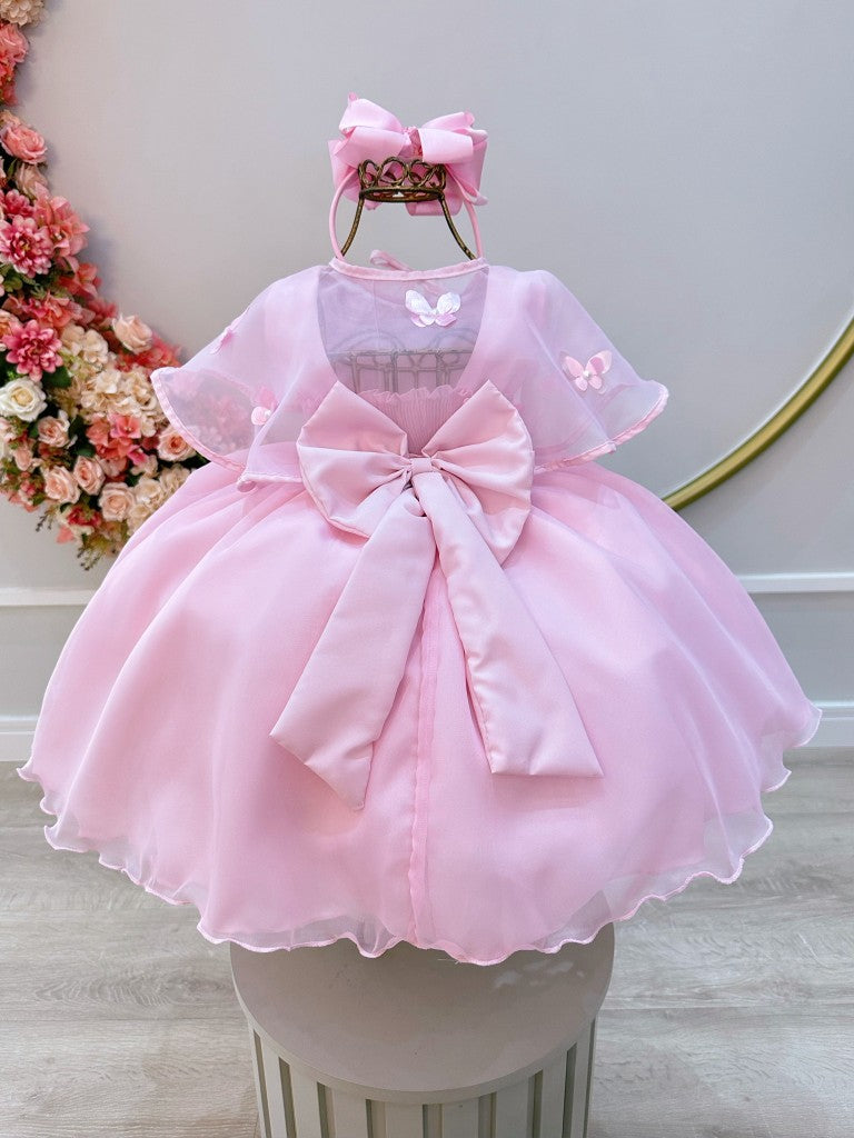 Vestido infantil con bufanda rosa y apliques de mariposas