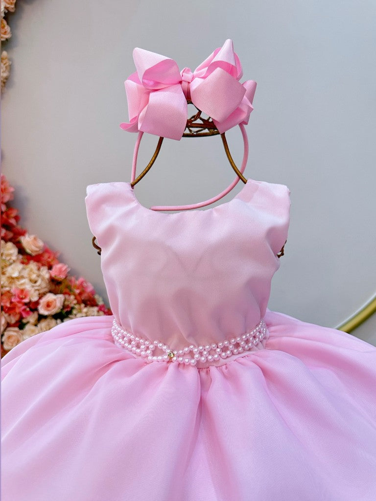 Vestido infantil con bufanda rosa y apliques de mariposas