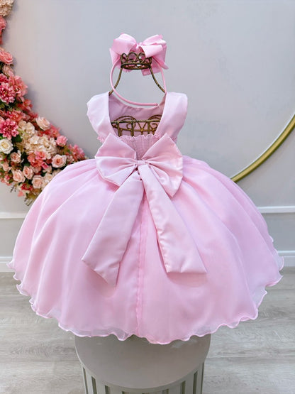 Vestido infantil con bufanda rosa y apliques de mariposas