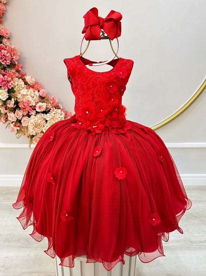 Vestido infantil rojo con encaje y apliques de flores