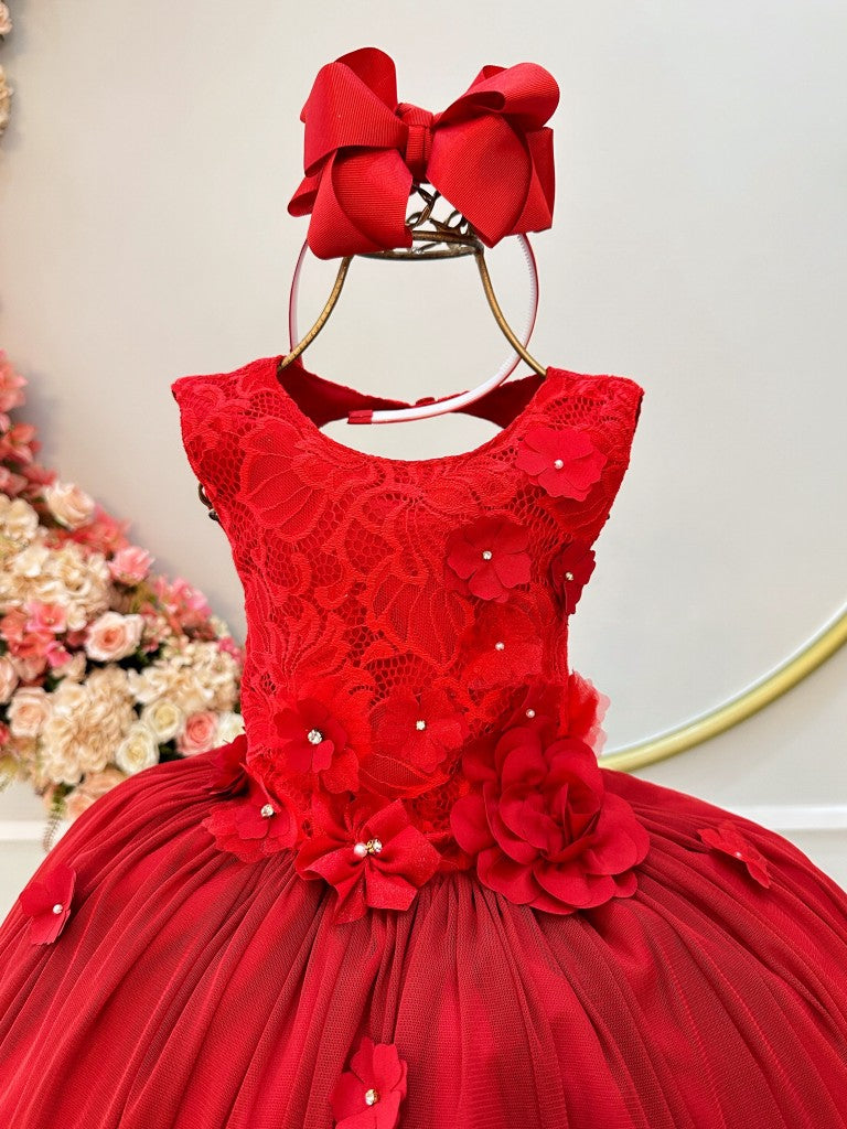 Vestido infantil rojo con encaje y apliques de flores