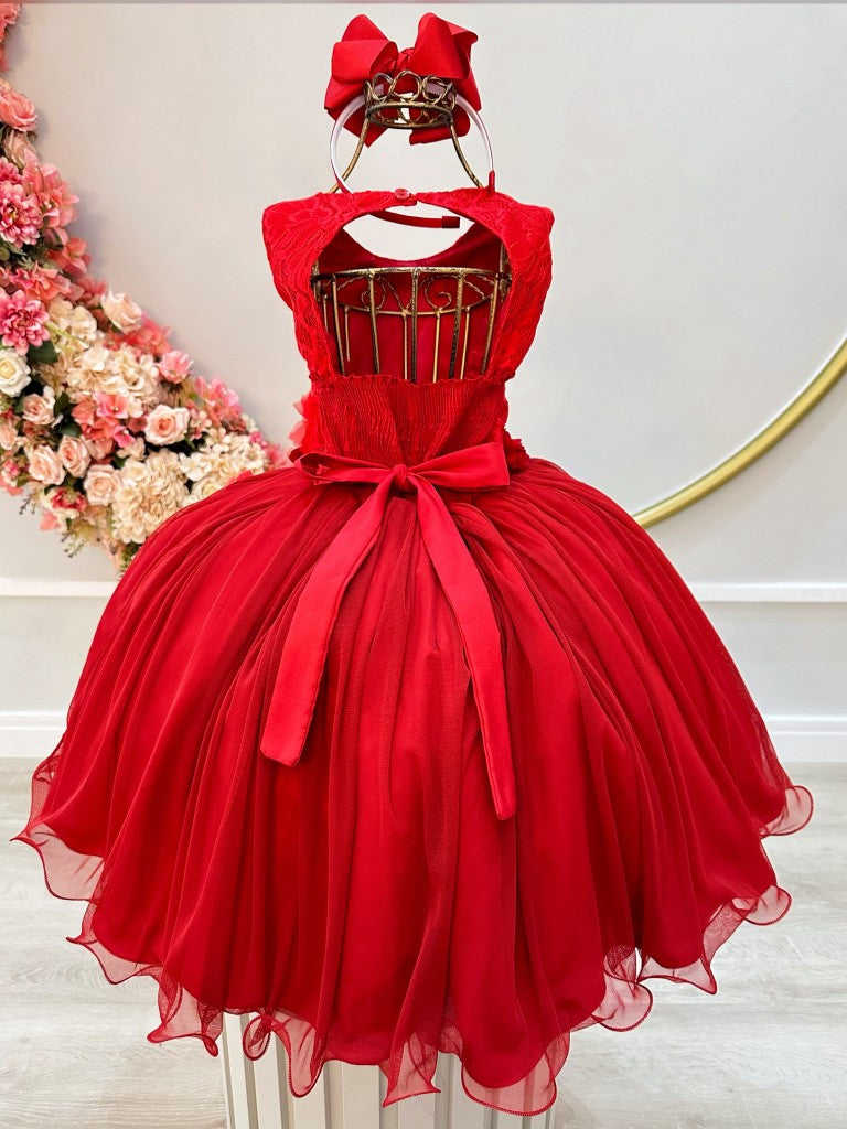Vestido infantil rojo con encaje y apliques de flores