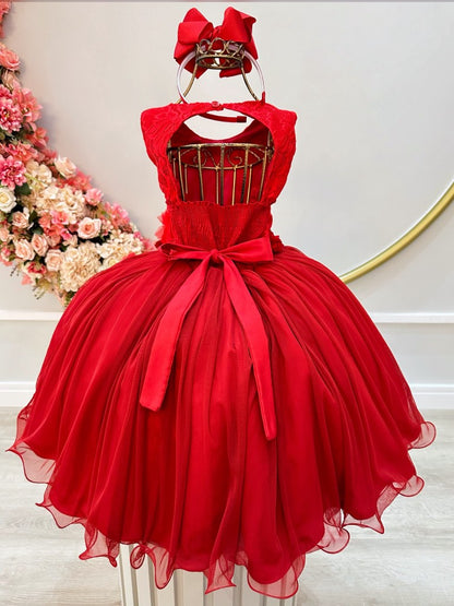 Vestido infantil rojo con encaje y apliques de flores