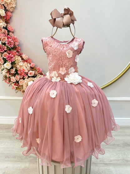 Vestido infantil rosa con encaje y apliques de flores