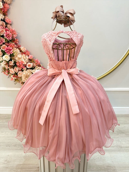 Vestido infantil rosa con encaje y apliques de flores