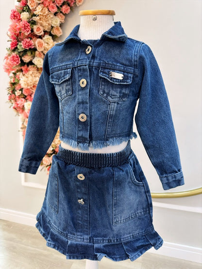 Conjunto de chaqueta y falda vaquera azul informal para niños