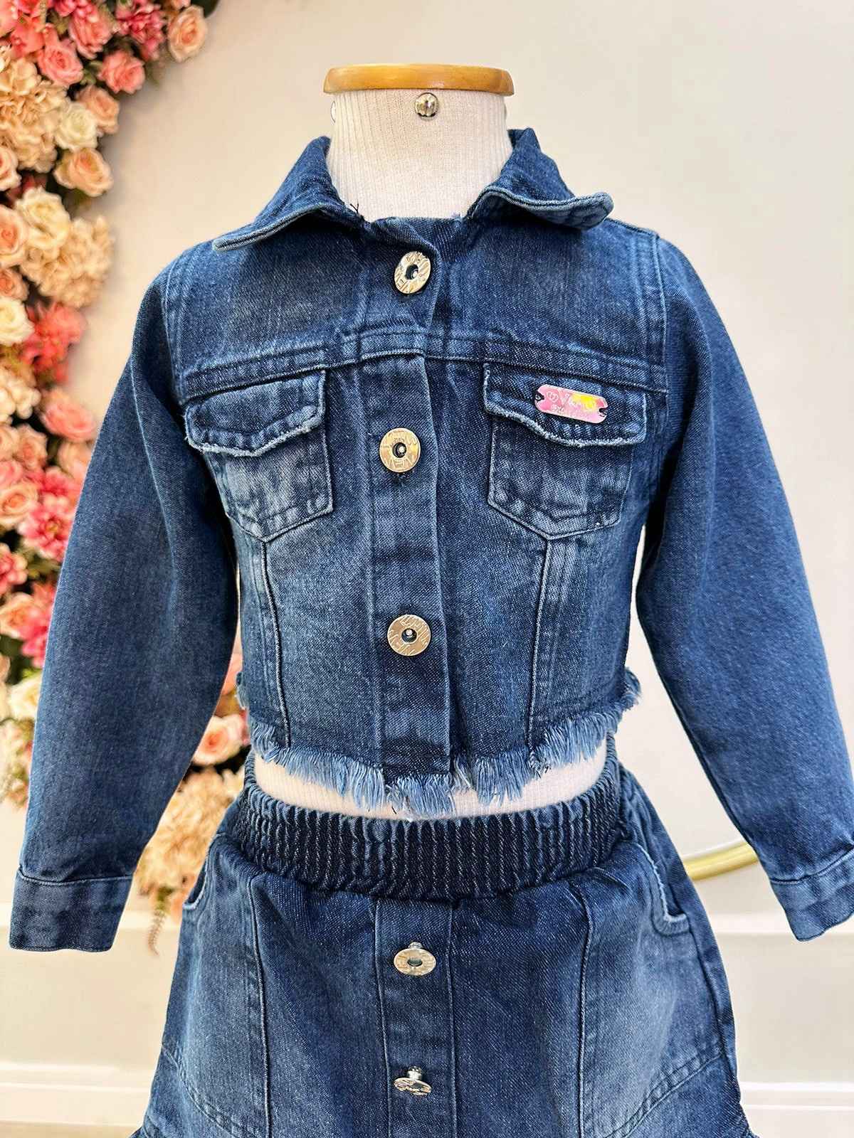 Conjunto de chaqueta y falda vaquera azul informal para niños