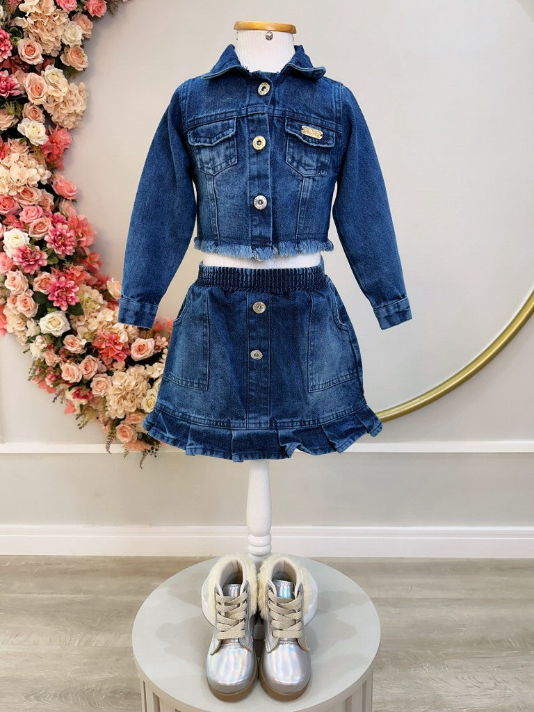 Conjunto de chaqueta y falda vaquera azul informal para niños