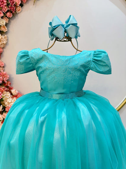 Vestido infantil verde con pedrería para bodas de lujo