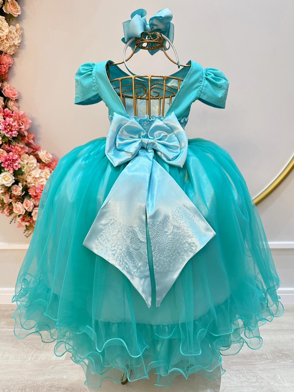 Vestido infantil verde con pedrería para bodas de lujo