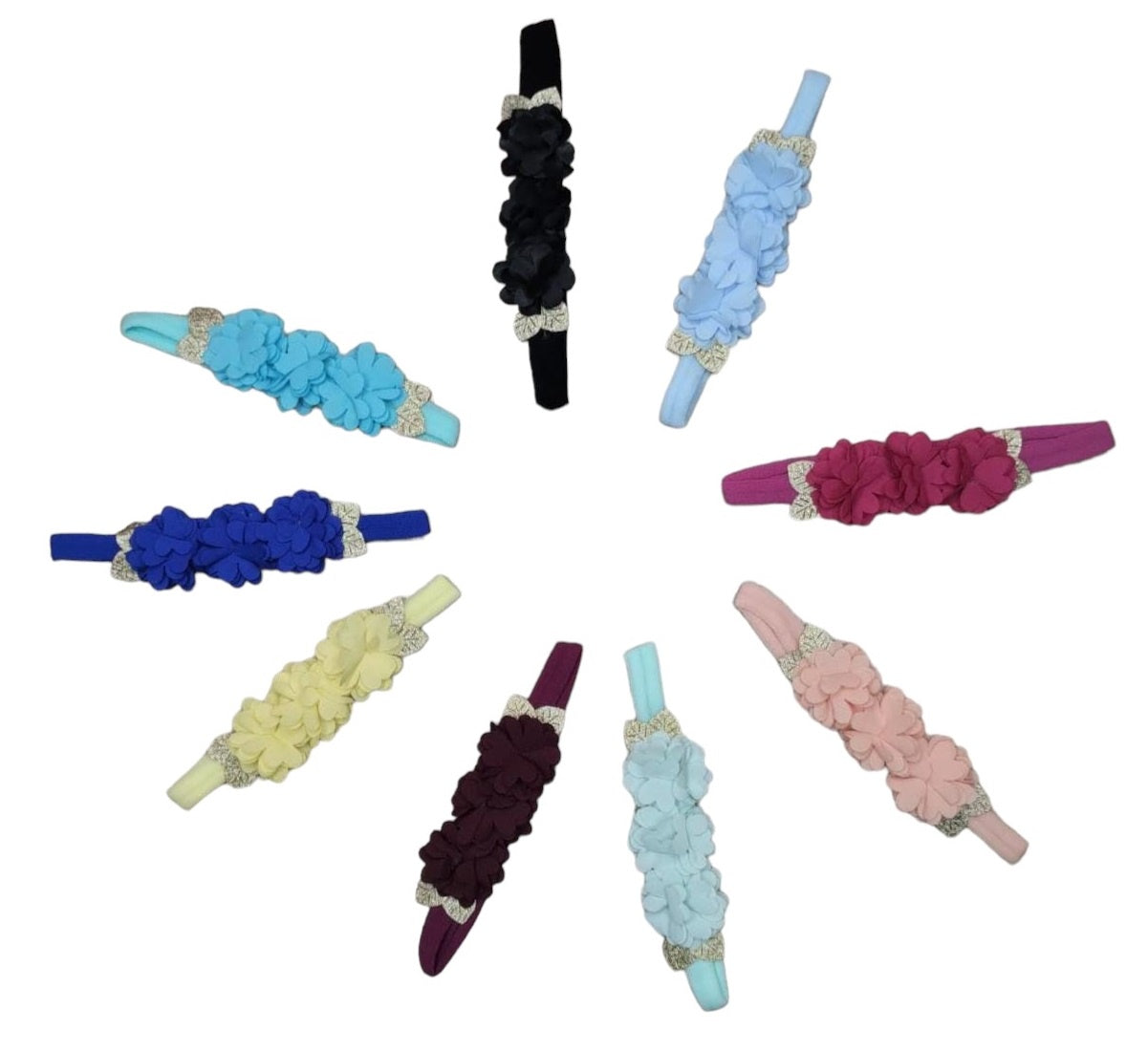 Diadema para bebé con aplique de flores doradas en varios colores 