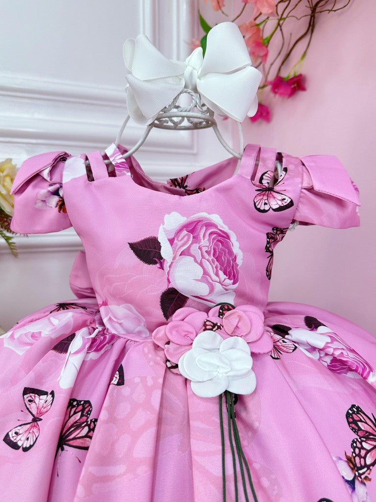 Vestido infantil de jardín de mariposas rosas con broche de flores de lujo