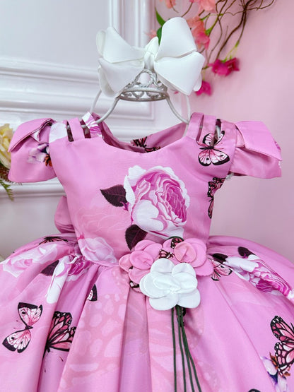Vestido infantil de jardín de mariposas rosas con broche de flores de lujo
