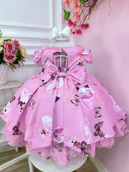 Vestido infantil de jardín de mariposas rosas con broche de flores de lujo