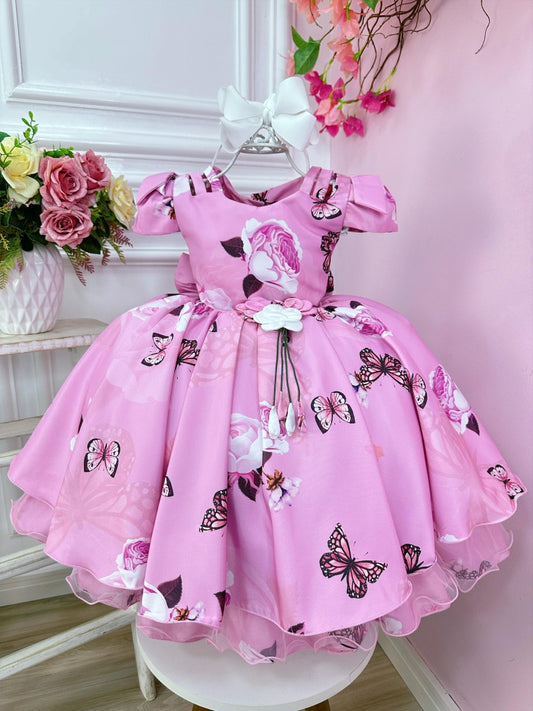 Vestido infantil de jardín de mariposas rosas con broche de flores de lujo