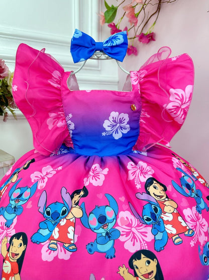 Vestido de fiesta infantil rosa y azul con lazo de Lilo y Stitch y Ángel