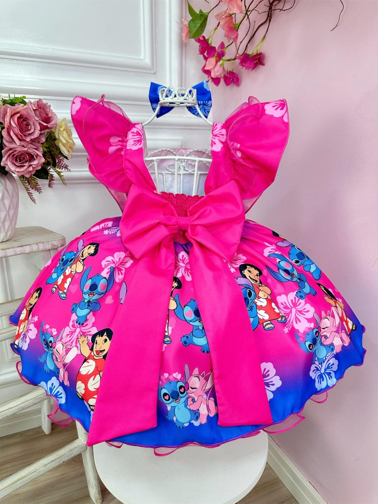 Vestido de fiesta infantil rosa y azul con lazo de Lilo y Stitch y Ángel