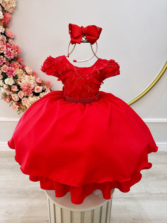 Vestido infantil rojo con busto y apliques de flores de encaje