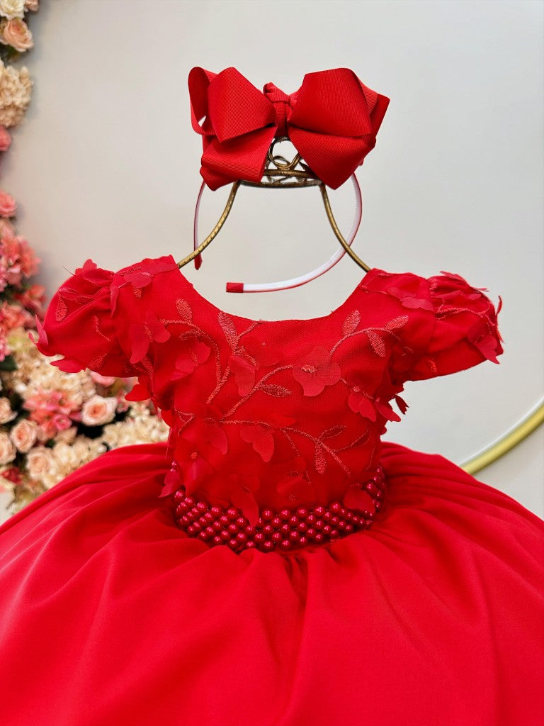 Vestido infantil rojo con busto y apliques de flores de encaje