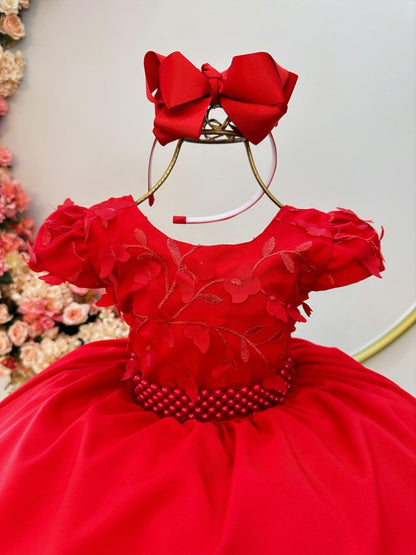 Vestido infantil rojo con busto y apliques de flores de encaje