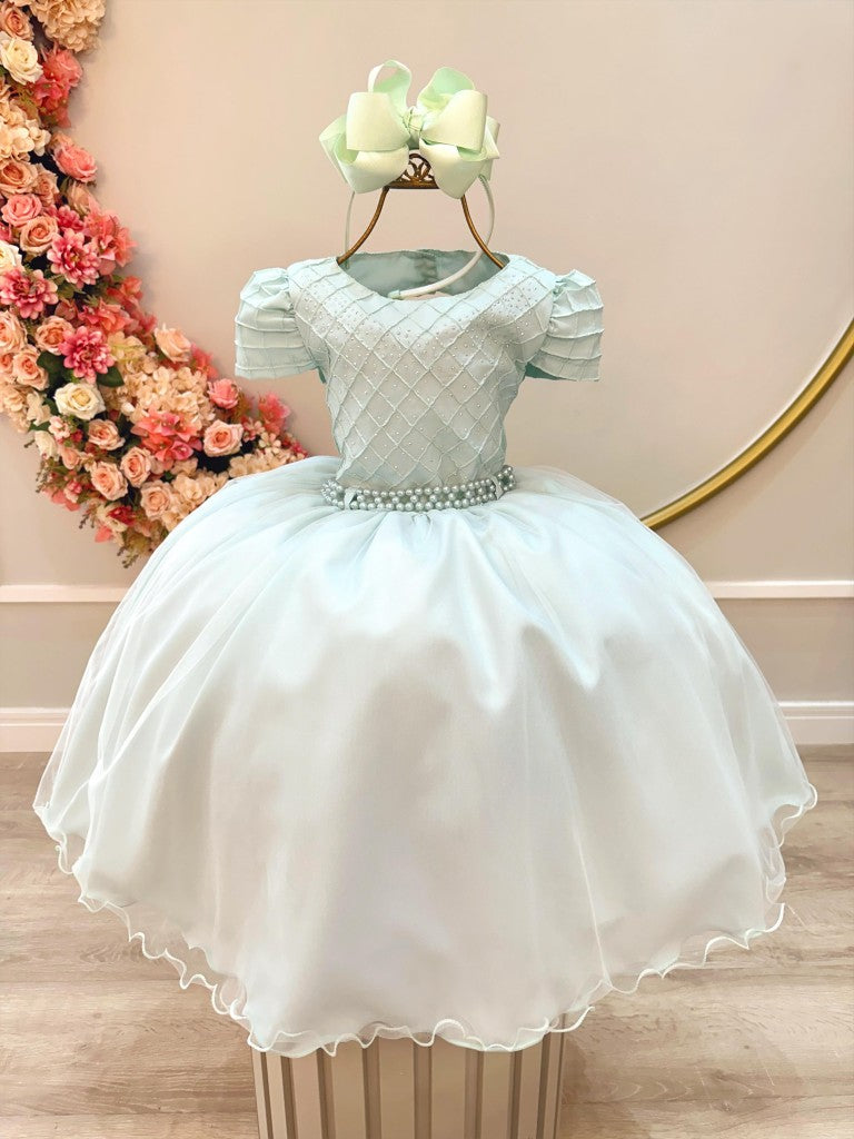 Vestido infantil verde claro con pedrería y busto acanalado