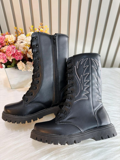 Bota Boiadeira Infantil, Caña Alta, Negra, Cordones y Cremallera 