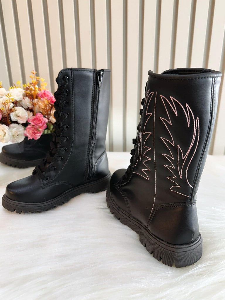 Bota Boiadeira Infantil, Caña Alta, Negra, Cordones y Cremallera 