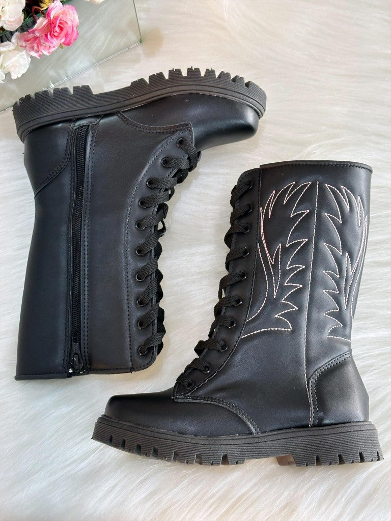 Bota Boiadeira Infantil, Caña Alta, Negra, Cordones y Cremallera 