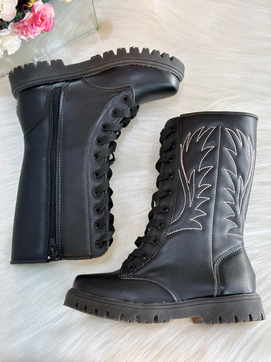 Bota Boiadeira Infantil, Caña Alta, Negra, Cordones y Cremallera 