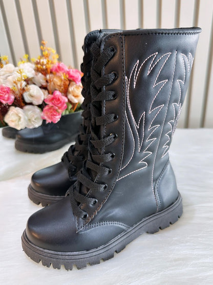 Bota Boiadeira Infantil, Caña Alta, Negra, Cordones y Cremallera 
