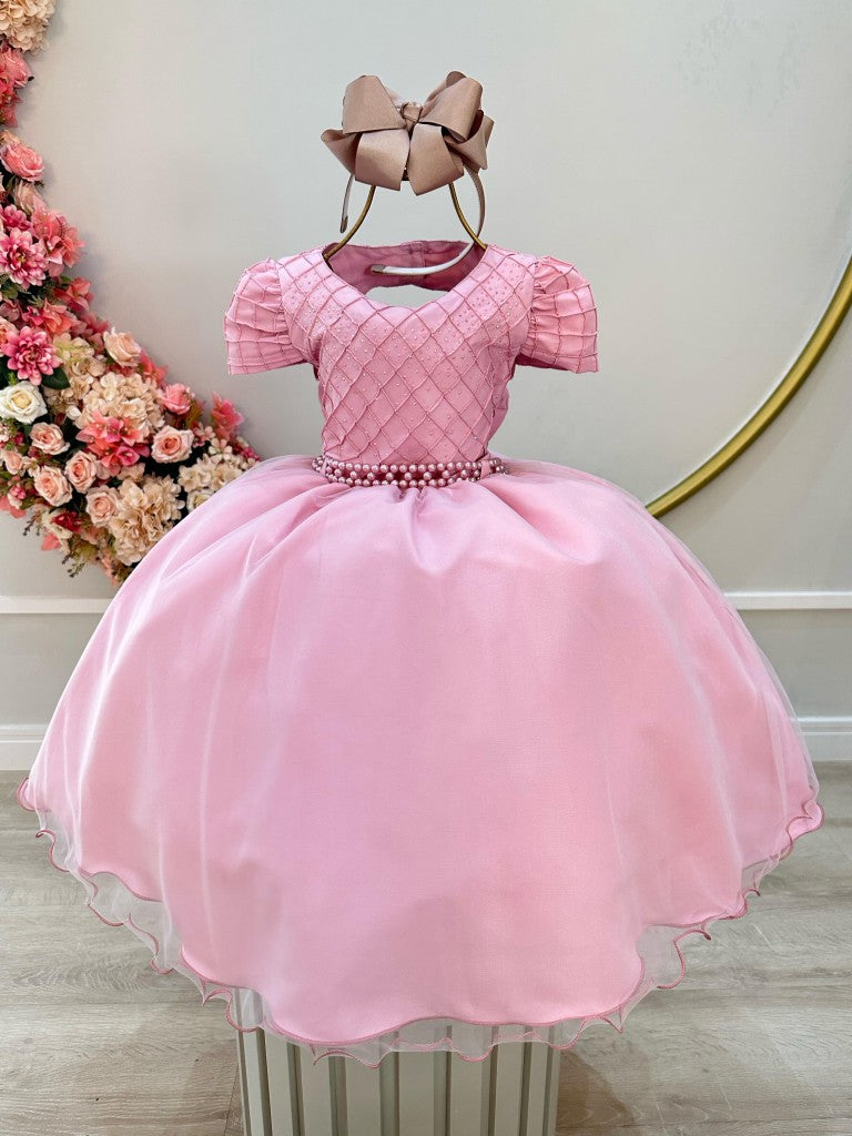 Vestido infantil de rosas con busto acanalado y pedrería