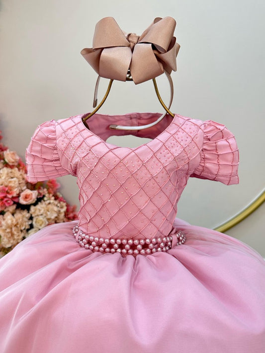 Vestido infantil de rosas con busto acanalado y pedrería