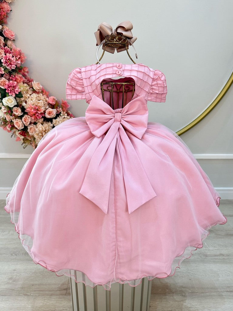 Vestido infantil de rosas con busto acanalado y pedrería