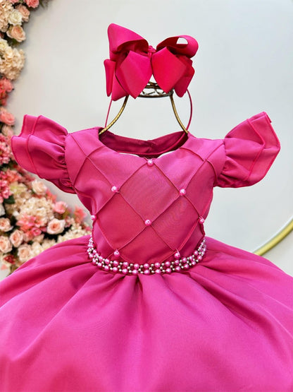 Vestido infantil rosa oscuro con busto acanalado y perlas para fiestas