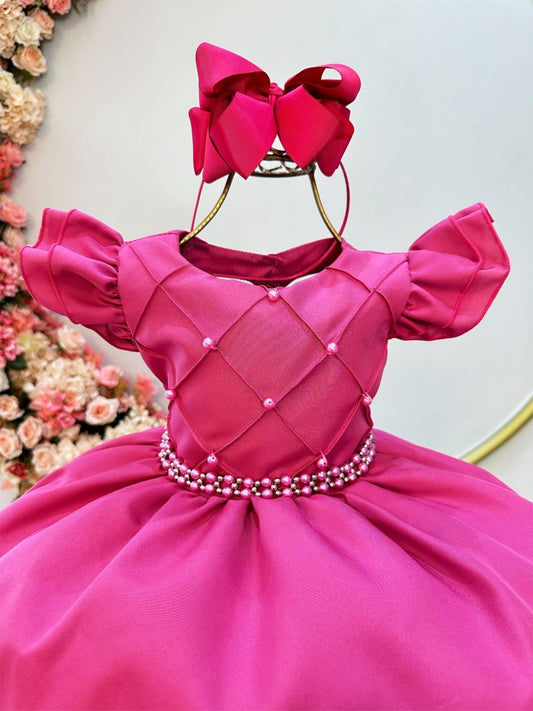 Vestido infantil rosa oscuro con busto acanalado y perlas para fiestas
