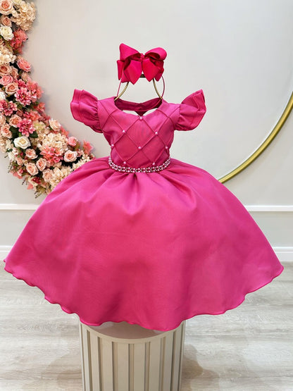 Vestido infantil rosa oscuro con busto acanalado y perlas para fiestas