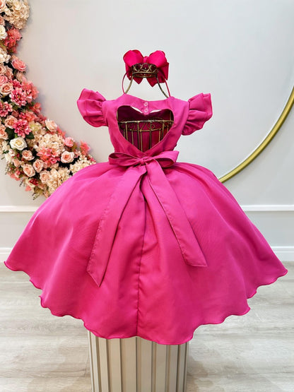 Vestido infantil rosa oscuro con busto acanalado y perlas para fiestas