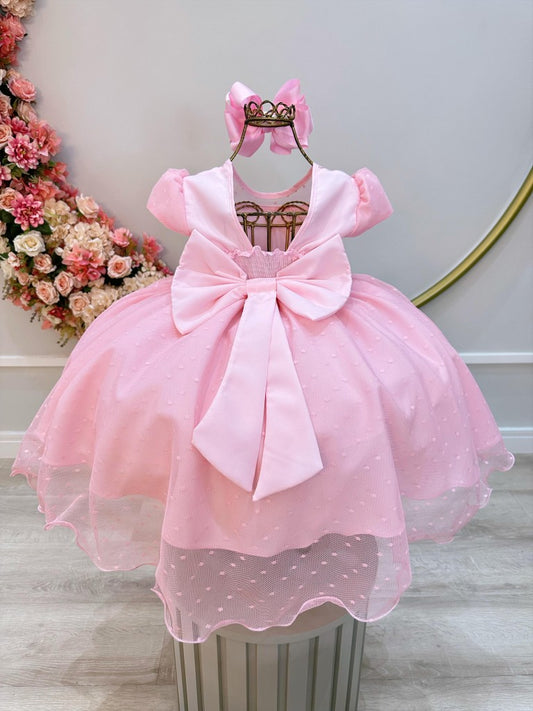 Vestido infantil rosa claro con busto acanalado y tul palomitas