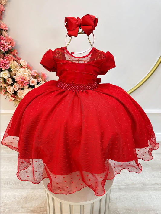 Vestido infantil rojo con busto acanalado y tul palomitas