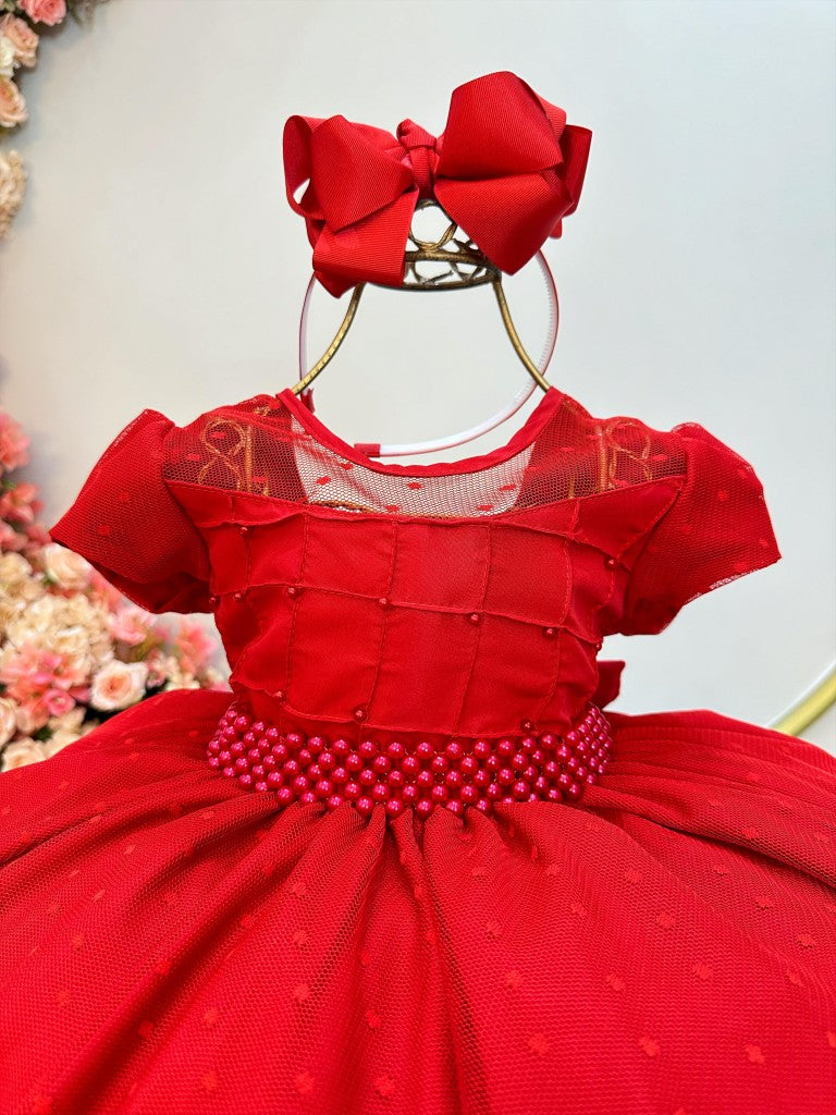 Vestido infantil rojo con busto acanalado y tul palomitas