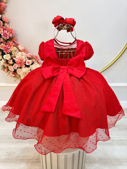 Vestido infantil rojo con busto acanalado y tul palomitas
