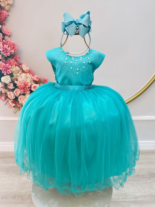 Vestido infantil verde con perlas y pedrería