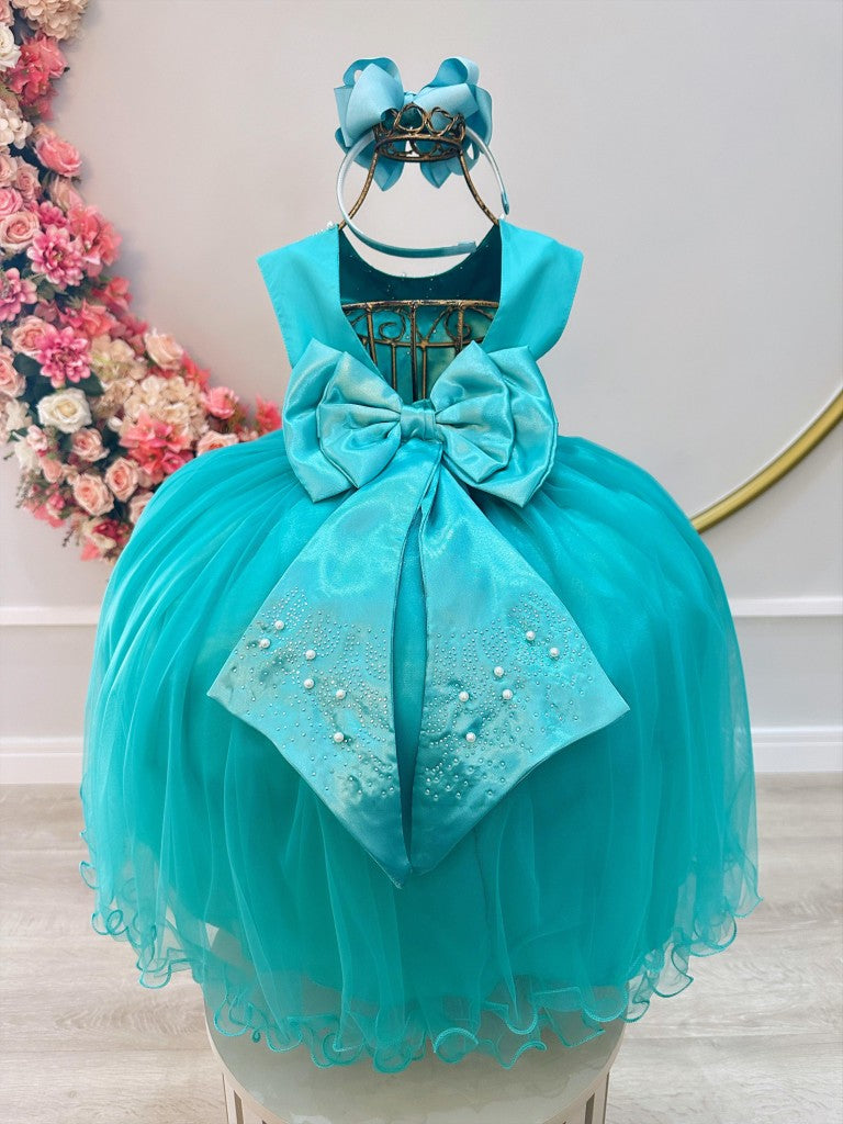 Vestido infantil verde con perlas y pedrería