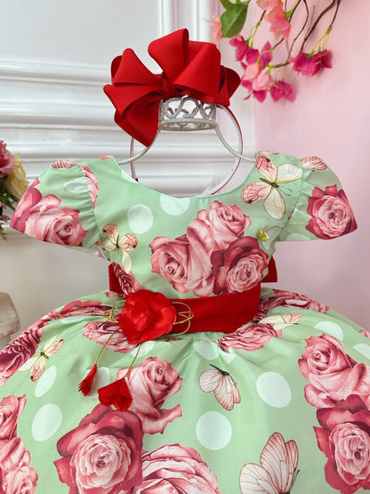 Vestido infantil con broche de mariposas verdes 
