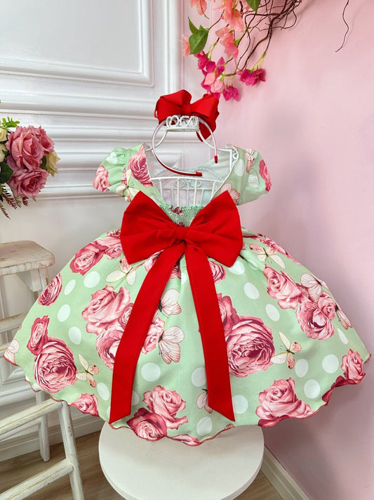 Vestido infantil con broche de mariposas verdes 