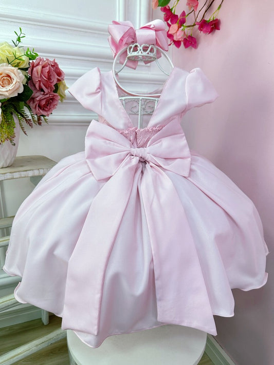 Vestido infantil rosa con aplique de flores y broche de lujo 