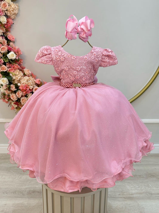 Vestido infantil rosa con cinturón de encaje, perlas y pedrería