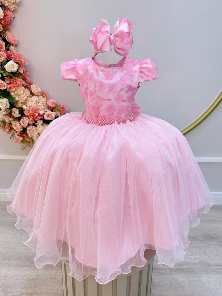 Vestido infantil rosa claro con encaje y apliques de flores